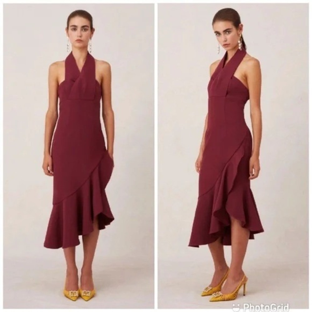 Keepsake Delight Burgundy Halter Ruffle‎ Midi Dress Open Back Cocktail Sz 6